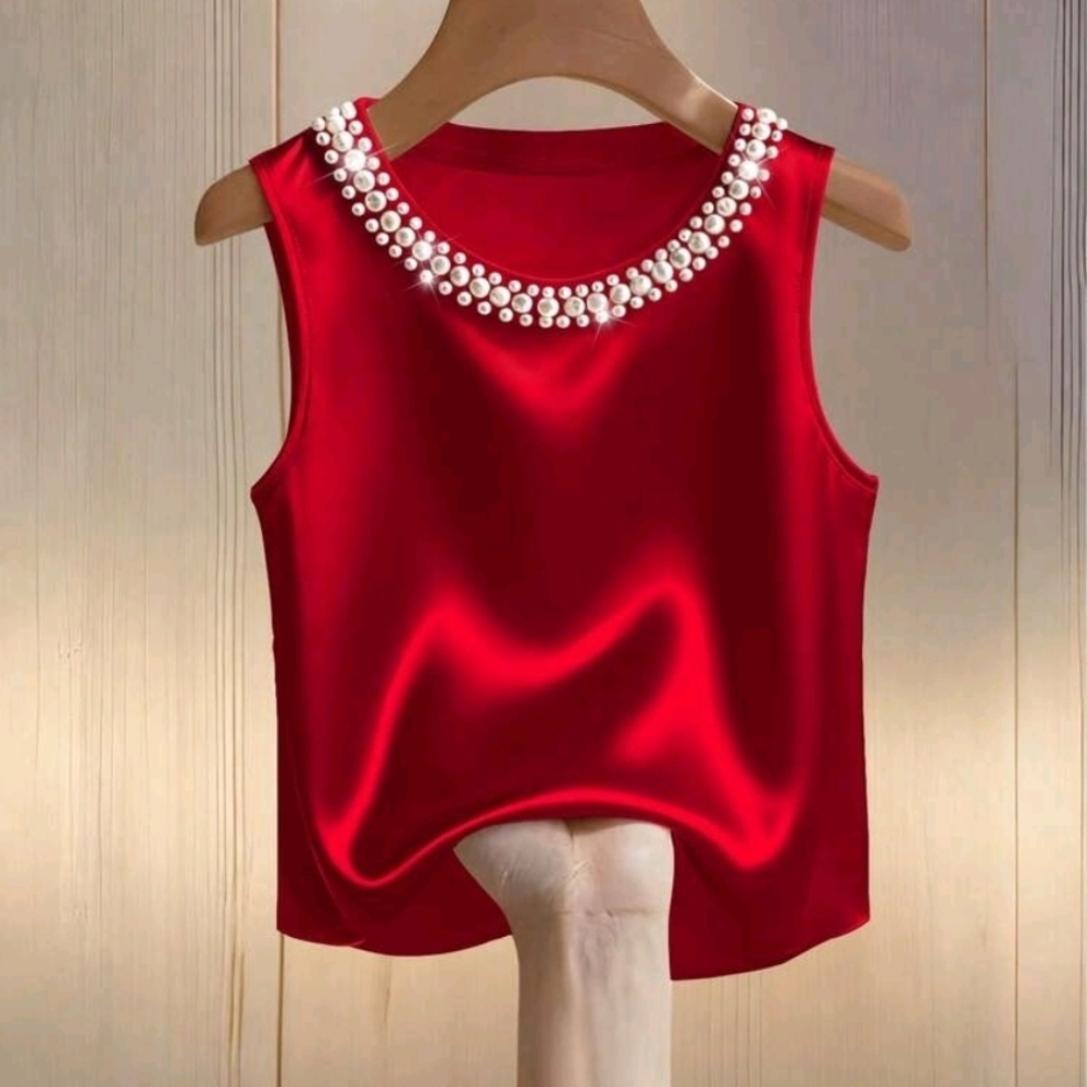 Elegant Red Satin Pearl-Embellished Women's Top